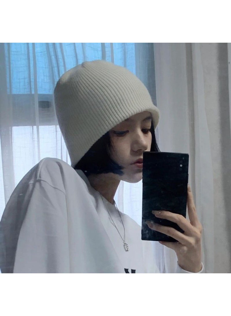 Generic White knitted hat for women autumn and winter Korean style fashionable all-matching solid color big head circumference wool pullover hat confinement delivery Beige 