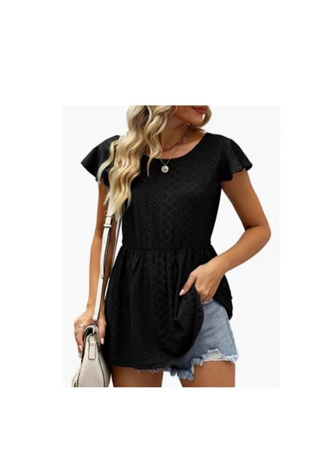 Loquat Women's Summer New Hollowed Out Waist Lotus Sleeve Casual Shirt 