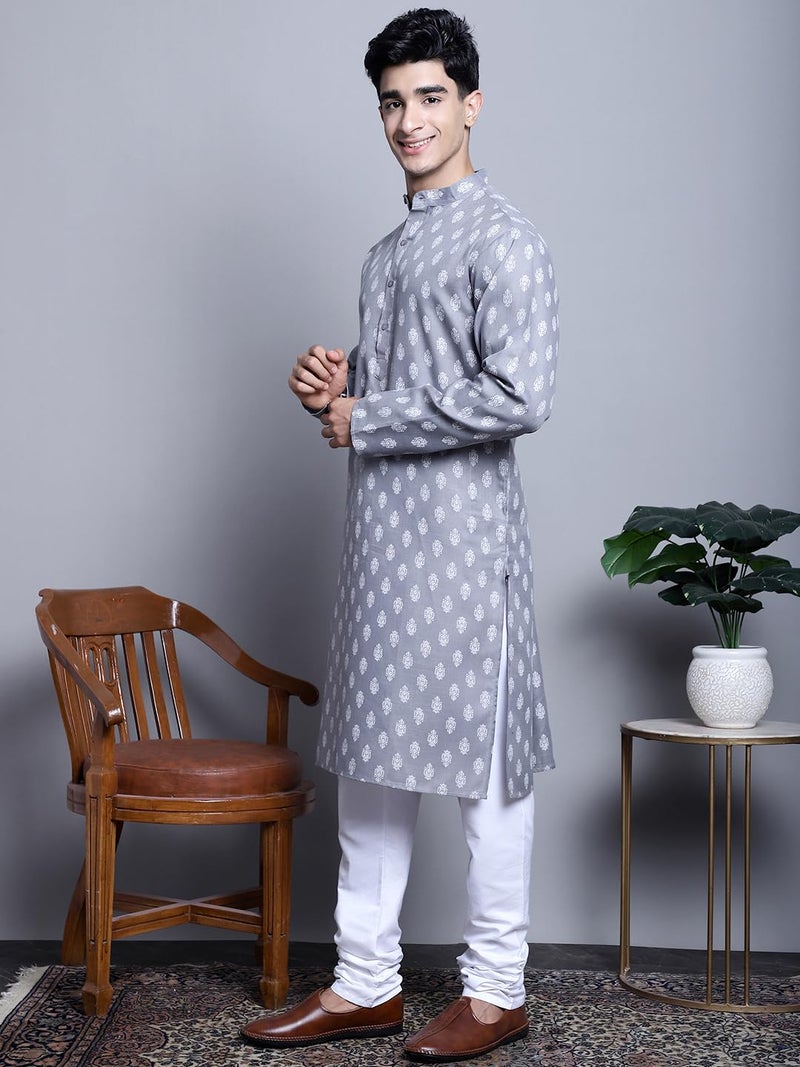 Jompers Men's Cotton Floral printed Kurta Pyjama Set (Dark-Grey, S) - Image 3