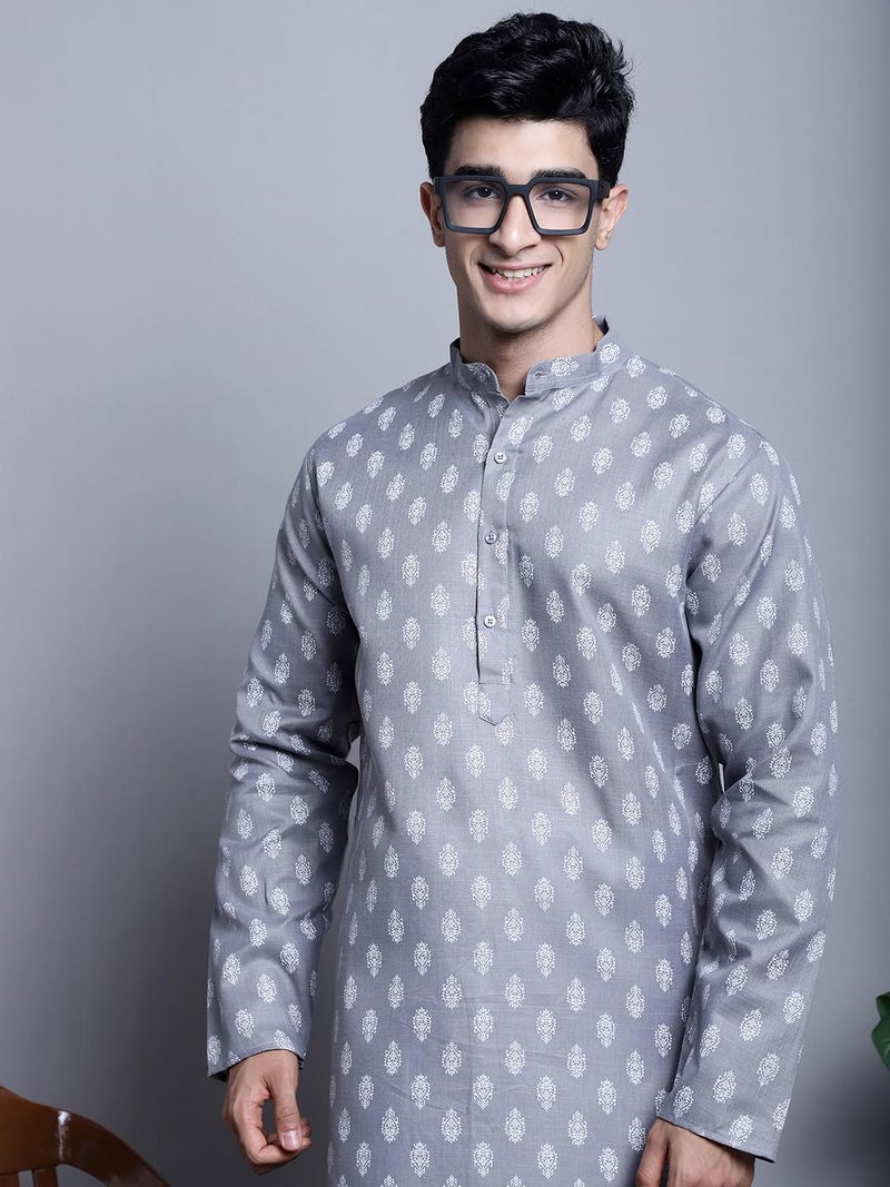 Jompers Men's Cotton Floral printed Kurta Pyjama Set (Dark-Grey, S) - Image 4
