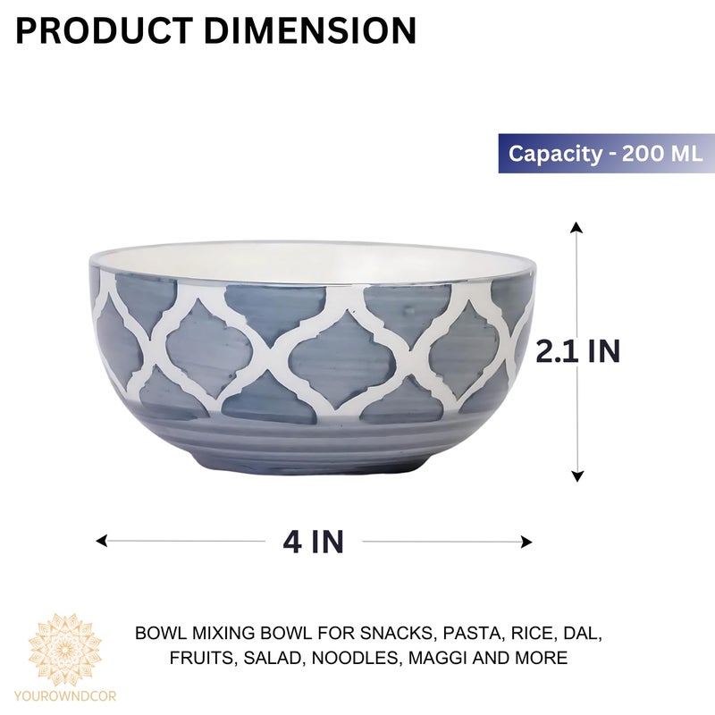 Yourowndcor Hand-Painted Grey Umrao/Moroccan Design Handpainted Bowls Set Ceramic Vegetable Bowl/Dessert Bowl/Soup Bowl (Greyish, 200 ML Pack of 6) - Image 4