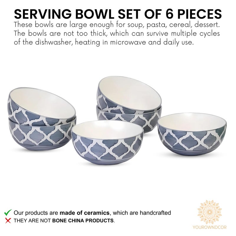 Yourowndcor Hand-Painted Grey Umrao/Moroccan Design Handpainted Bowls Set Ceramic Vegetable Bowl/Dessert Bowl/Soup Bowl (Greyish, 200 ML Pack of 6) - Image 2