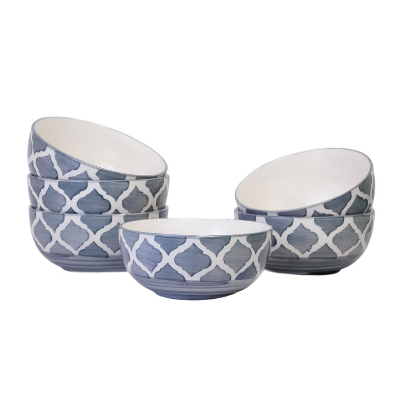 Yourowndcor Hand-Painted Grey Umrao/Moroccan Design Handpainted Bowls Set Ceramic Vegetable Bowl/Dessert Bowl/Soup Bowl (Greyish, 200 ML Pack of 6) - Image 1