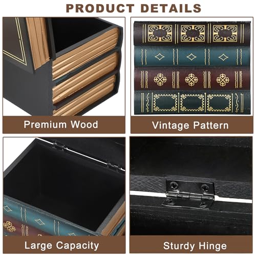 Hoowen 2 Pack Decorative Book Boxes, Wooden Vintage Book Shaped Trinket Box with Lid, Faux Stacked Hollow Books with Hidden Storage, Antique Container for Table Centerpiece, Bookshelf, Library Decor - Image 5