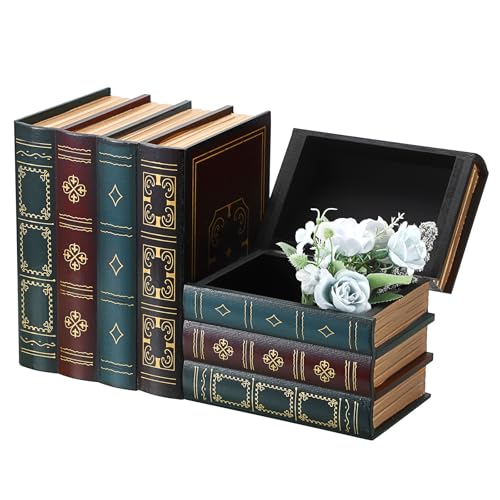 Hoowen 2 Pack Decorative Book Boxes, Wooden Vintage Book Shaped Trinket Box with Lid, Faux Stacked Hollow Books with Hidden Storage, Antique Container for Table Centerpiece, Bookshelf, Library Decor - Image 1