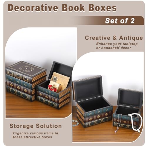 Hoowen 2 Pack Decorative Book Boxes, Wooden Vintage Book Shaped Trinket Box with Lid, Faux Stacked Hollow Books with Hidden Storage, Antique Container for Table Centerpiece, Bookshelf, Library Decor - Image 4