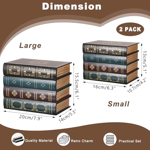 Hoowen 2 Pack Decorative Book Boxes, Wooden Vintage Book Shaped Trinket Box with Lid, Faux Stacked Hollow Books with Hidden Storage, Antique Container for Table Centerpiece, Bookshelf, Library Decor - Image 3