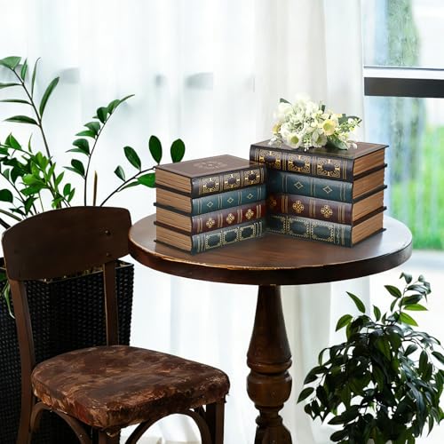Hoowen 2 Pack Decorative Book Boxes, Wooden Vintage Book Shaped Trinket Box with Lid, Faux Stacked Hollow Books with Hidden Storage, Antique Container for Table Centerpiece, Bookshelf, Library Decor - Image 2