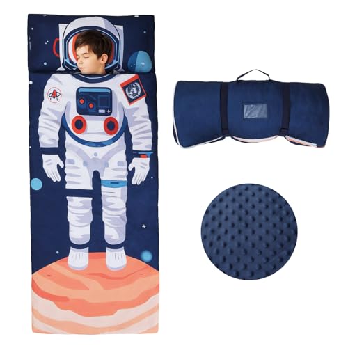 Decalsweet Kids Sleeping Bag Toddler Nap Mat with Removable Pillow, Large Foldable Sleeping Bag for Girls Boys, Easy Clean Slumber Bag with Double Zip for Camping School Preschool Daycare, 59×23 inch Astronauts - Image 1