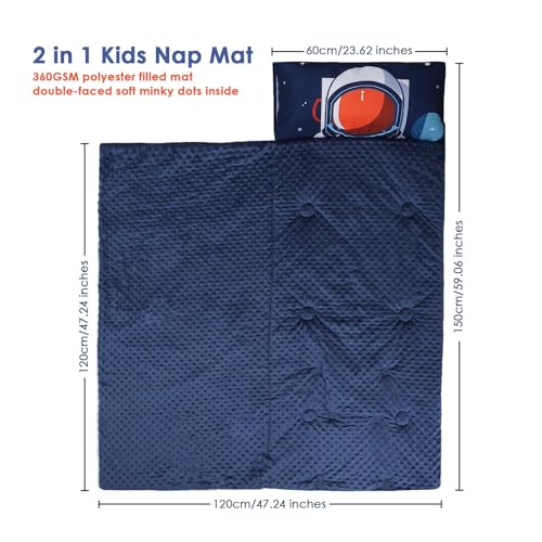 Decalsweet Kids Sleeping Bag Toddler Nap Mat with Removable Pillow, Large Foldable Sleeping Bag for Girls Boys, Easy Clean Slumber Bag with Double Zip for Camping School Preschool Daycare, 59×23 inch Astronauts - Image 2
