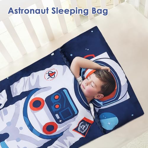 Decalsweet Kids Sleeping Bag Toddler Nap Mat with Removable Pillow, Large Foldable Sleeping Bag for Girls Boys, Easy Clean Slumber Bag with Double Zip for Camping School Preschool Daycare, 59×23 inch Astronauts - Image 4