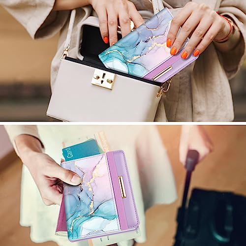 Coco Rossi Passport Holder Cover, RFID Travel Wallet Credit Card Holder Cute Purple Pink Passport Book Holders for Women with Elastic Band and Golden Metal Decoration, Gradient Marble - Image 5