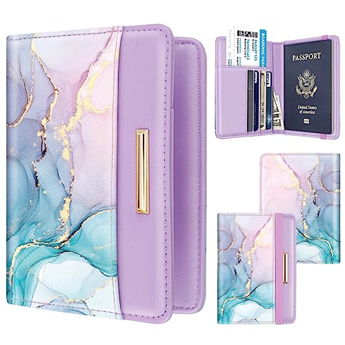 Coco Rossi Passport Holder Cover, RFID Travel Wallet Credit Card Holder Cute Purple Pink Passport Book Holders for Women with Elastic Band and Golden Metal Decoration, Gradient Marble - Image 2