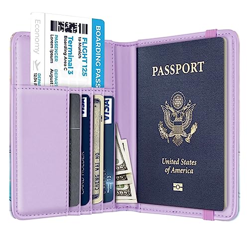 Coco Rossi Passport Holder Cover, RFID Travel Wallet Credit Card Holder Cute Purple Pink Passport Book Holders for Women with Elastic Band and Golden Metal Decoration, Gradient Marble - Image 3