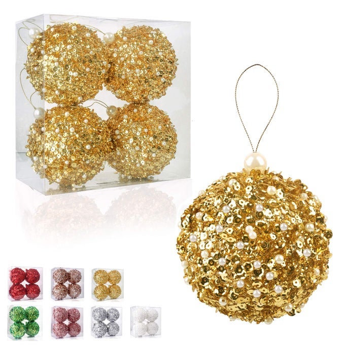 425 CHRISTMAS BALL ORNAMENTS 4PC SET GOLD SHATTERPROOF CHRISTMAS DECORATIONS TREE BALLS FOR XMAS TREES WEDDING PARTY HOLIDAY DECORATIONS GOLD