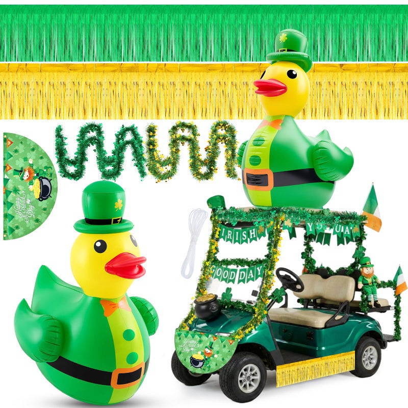 Hungdao St Patricks Day Golf Cart Decorations Kit 4ft Inflatable Duck Blow up Kit Shamrock Car Decorations with Tinsel Garlands Fan Flag for Parade Outdoor Yard Party - Image 2