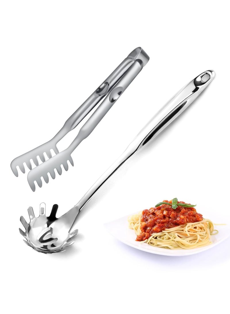 Spaghetti Spoon and Tong Set, 13-Inch Stainless Steel Pasta Fork with Teeth and 9-Inch Kitchen Serving Tong, Non-Stick, Easy to Clean, Ergonomic Grip Design for Cooking and Serving, Silver, 2 Pcs - Image 1