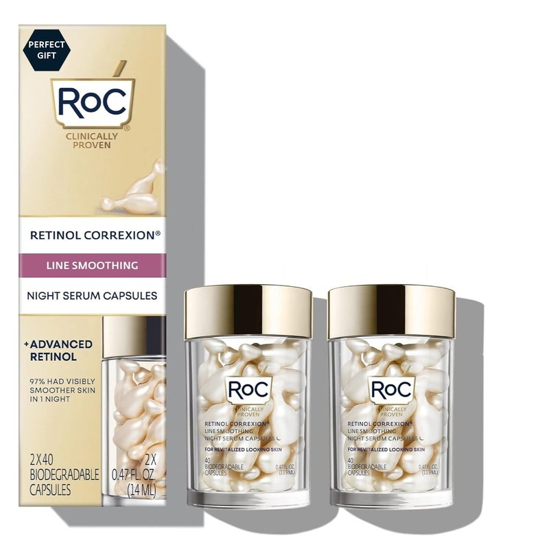 RoC Retinol Correxion Anti-Aging Wrinkle Night Serum, Retinol Serum for Face, Daily Treatment for Fine Lines, Post Acne Scars, 80 Capsules (Limited Edition Value Set), Unscented - Image 1