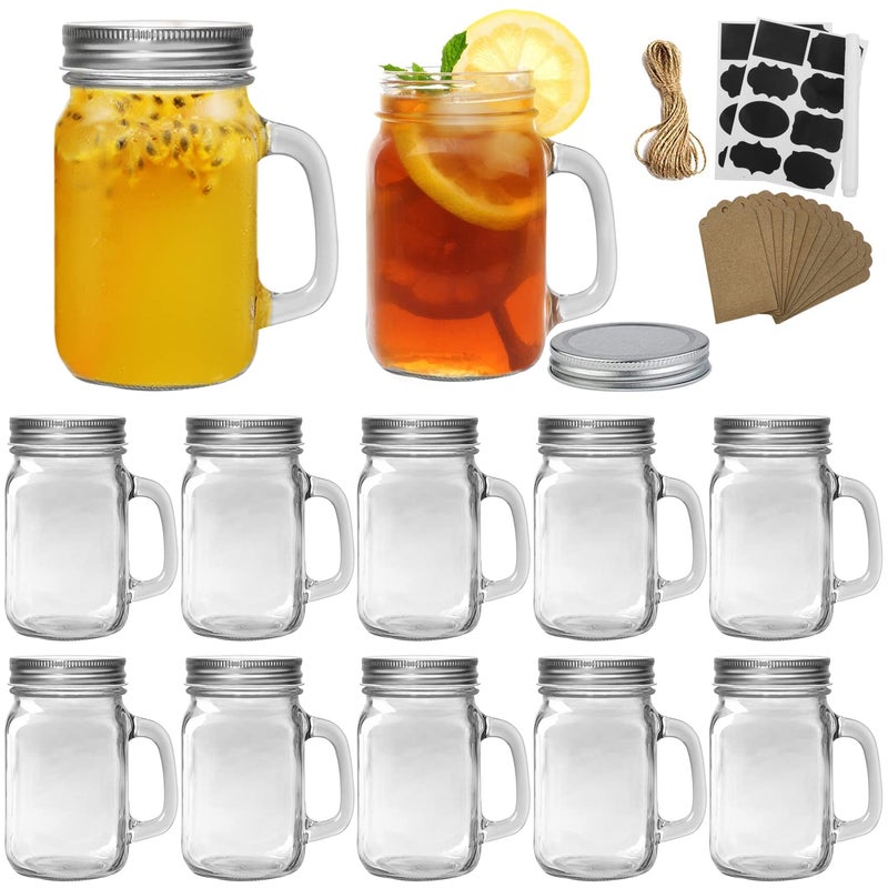 16 oz Mason Jars with HandleOld Fashioned Drinking Glasses with Chalkboard Labels and Silver Metal LidsGlass Mugs for Party or Daily useSet of 12