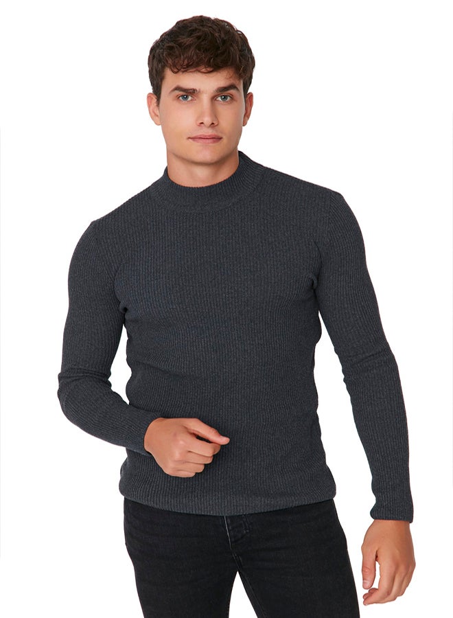 trendyol Anthracite Cotton Corded Sweater  Half Turtleneck, Slim Fit - Image 3