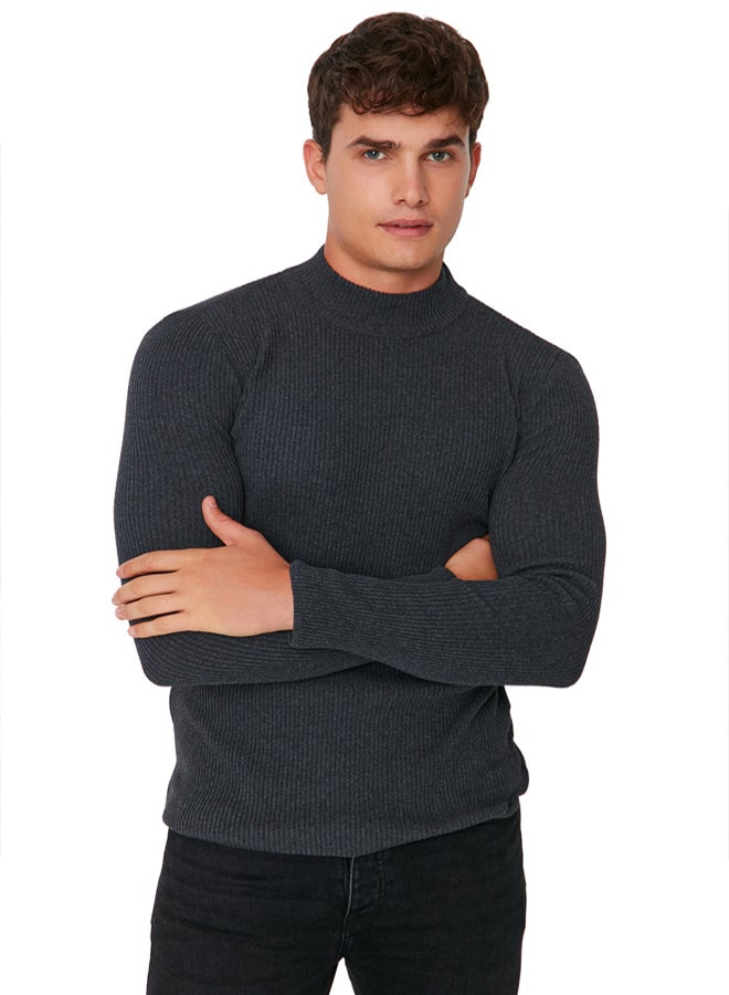 trendyol Anthracite Cotton Corded Sweater  Half Turtleneck, Slim Fit - Image 2