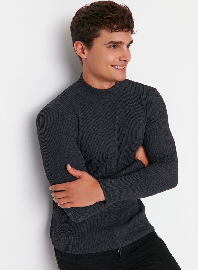 trendyol Anthracite Cotton Corded Sweater  Half Turtleneck, Slim Fit - Image 1