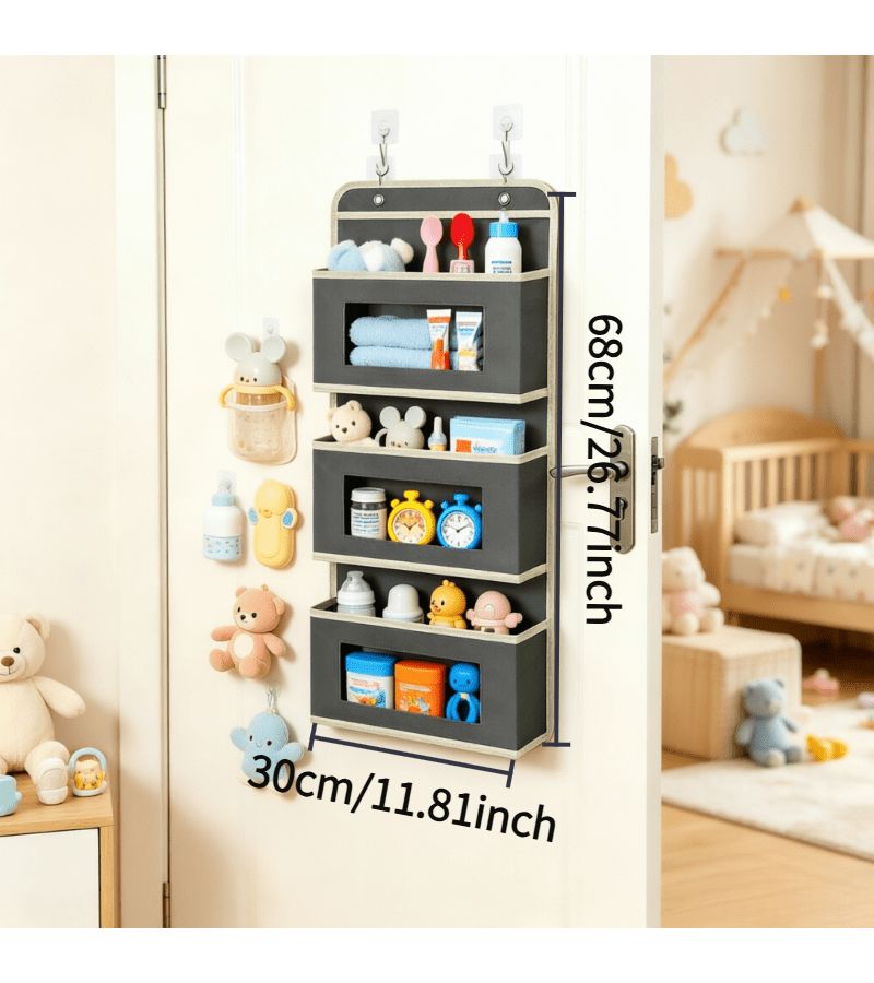 Grey 6 Layer Fabric Storage Hanging Bag With Transparent Pocket Door Organizer Non Perforated Foldable Shelf Cabinet Organization - Image 4