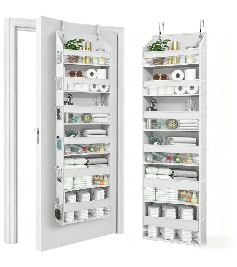 Grey 6 Layer Fabric Storage Hanging Bag With Transparent Pocket Door Organizer Non Perforated Foldable Shelf Cabinet Organization - Image 5