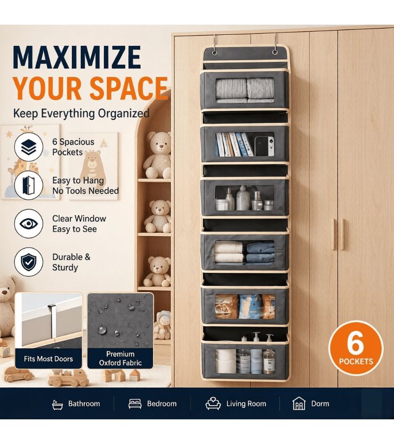 Grey 6 Layer Fabric Storage Hanging Bag With Transparent Pocket Door Organizer Non Perforated Foldable Shelf Cabinet Organization - Image 3