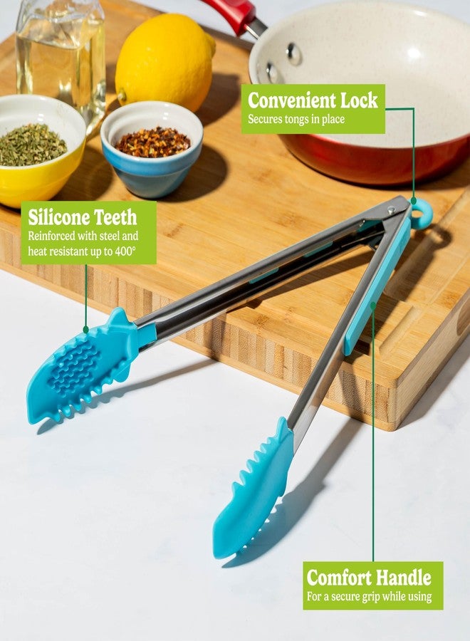 تيستي ملقط تايستي مايتي بطول 12 بوصة، أسنان من السيليكون المقوى بالفولاذ، مقاوم للحرارة حتى 400 درجة فهرنهايت، آمن للاستخدام على الأسطح غير اللاصقة، تصميم قابل للقفل لسهولة التخزين، آمن للغسل في غسالة الأطباق، أزرق - Image 3