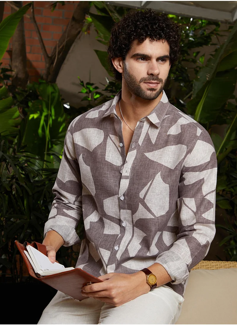 Campus Sutra Men's Ash Brown Abstract Heathered Shirt