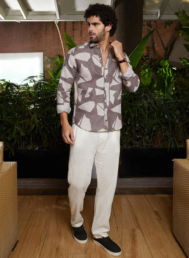 Campus Sutra Men's Ash Brown Abstract Heathered Shirt