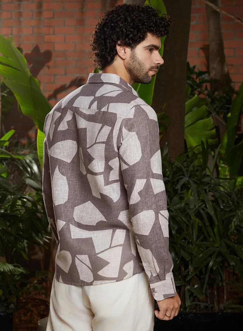 Campus Sutra Men's Ash Brown Abstract Heathered Shirt