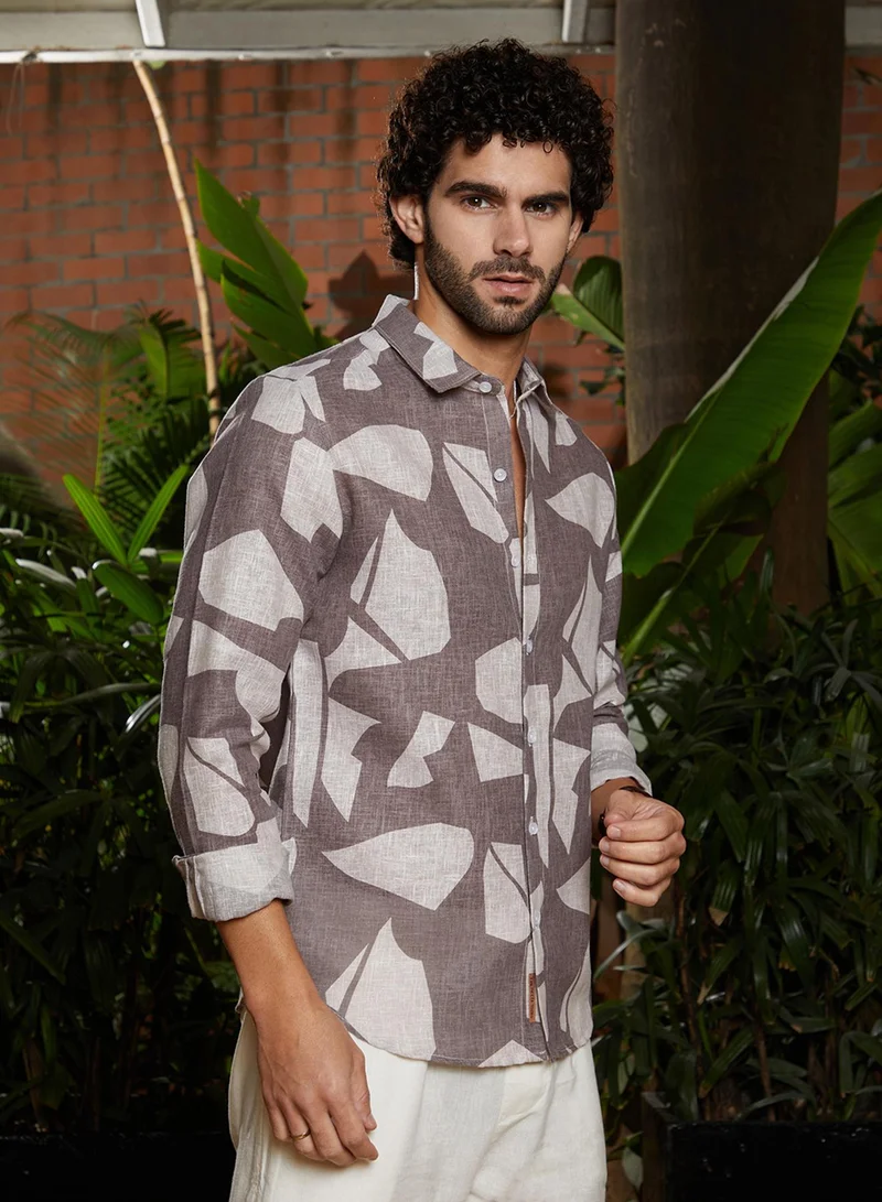 Campus Sutra Men's Ash Brown Abstract Heathered Shirt