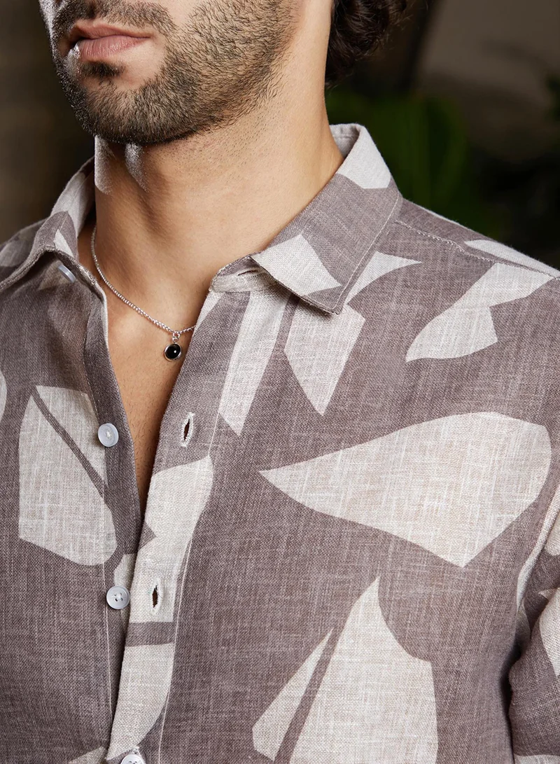 Campus Sutra Men's Ash Brown Abstract Heathered Shirt