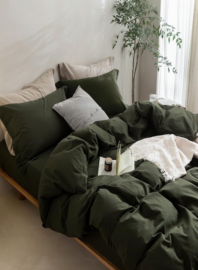 BDEAR Linen Feel Olive Green Duvet Cover Oversized Queen Size 98'' L x 98'' W, Percale 100% Washed Cotton Duvet Cover with Zipper Closure Plus 2 Pillowcases, Oeko TEX Standard 100 Certificated - Image 3
