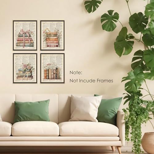 BESERH Retro Bookish Wall Decor, Vintage Book Wall Art Prints, Preppy Bow Floral Dictionary Book Posters for Reading Room Corner Nook Library Classroom, 8x10 Inches Set of 4 Unframed - Image 3