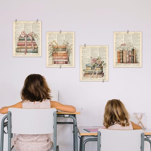 BESERH Retro Bookish Wall Decor, Vintage Book Wall Art Prints, Preppy Bow Floral Dictionary Book Posters for Reading Room Corner Nook Library Classroom, 8x10 Inches Set of 4 Unframed - Image 5
