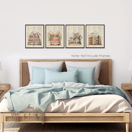 BESERH Retro Bookish Wall Decor, Vintage Book Wall Art Prints, Preppy Bow Floral Dictionary Book Posters for Reading Room Corner Nook Library Classroom, 8x10 Inches Set of 4 Unframed - Image 4