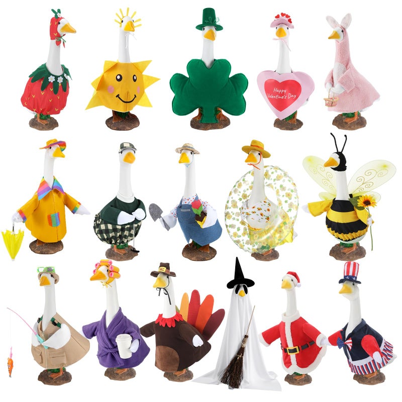SilTriangle 16 Set Holiday Porch Goose Outfits All Seasons Bundle for Valentine Easter St. Patrick Summer Hawaiian 4th of July Halloween Christmas Concrete Porch Goose Clothes for Patio Yard Lawn - Image 1