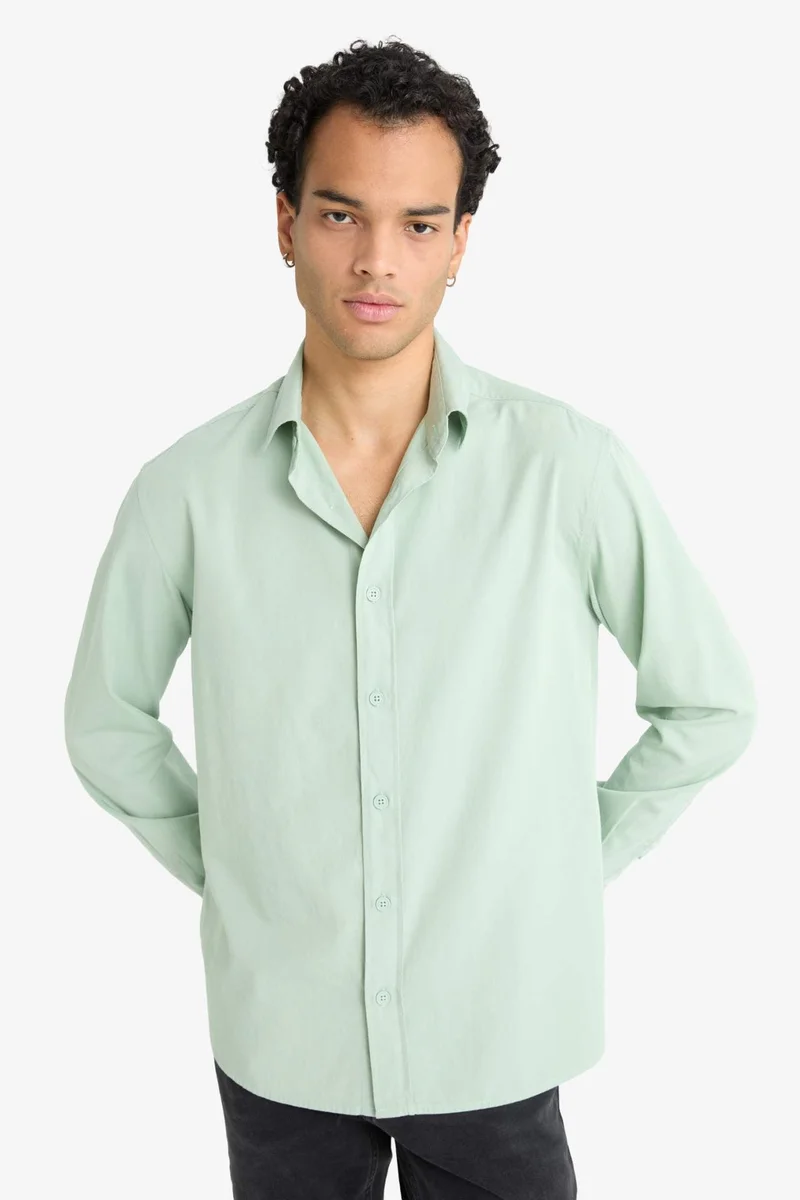 ديفاكتو Regular Fit Polo Collar Woven Long Sleeve Shirt