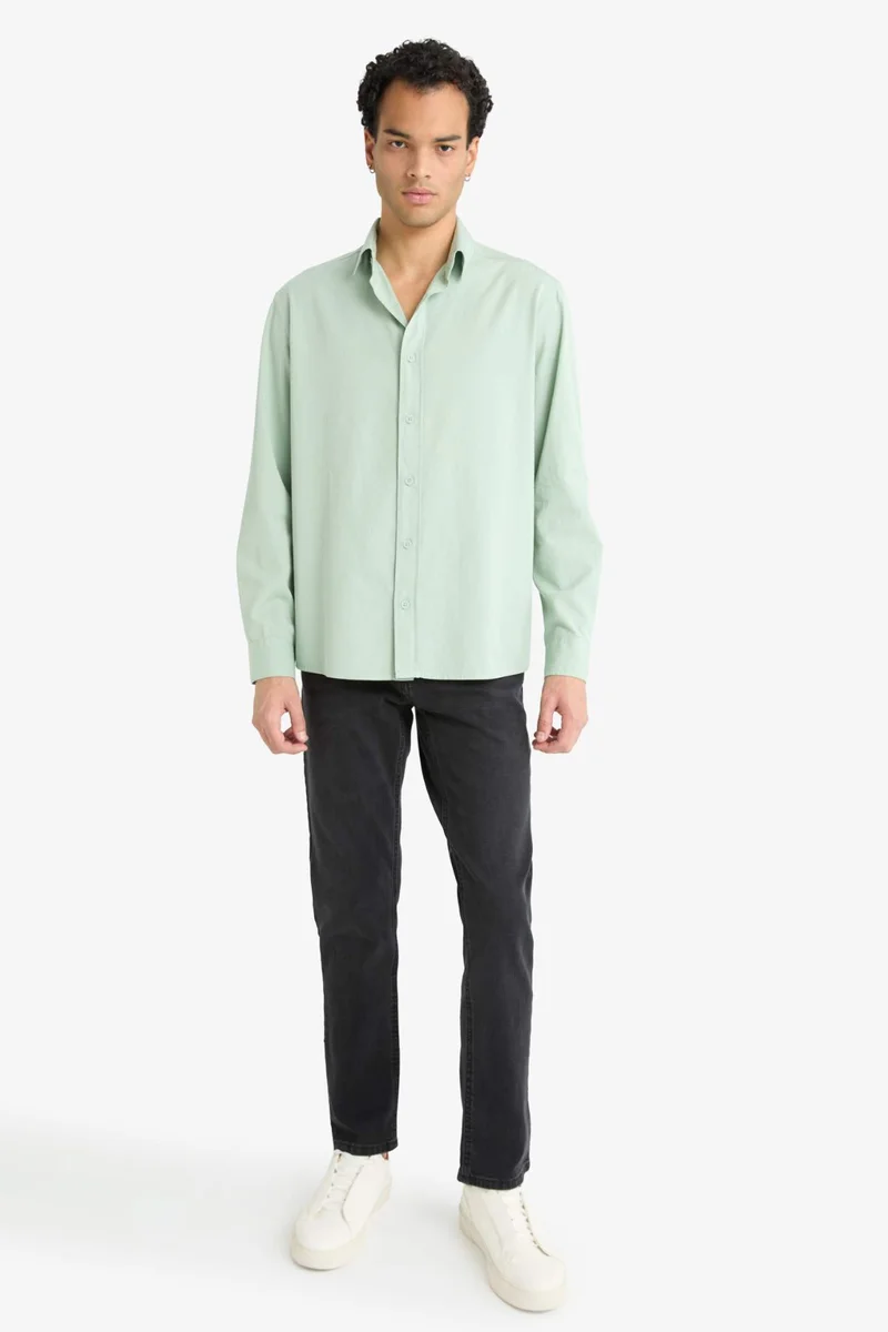 ديفاكتو Regular Fit Polo Collar Woven Long Sleeve Shirt