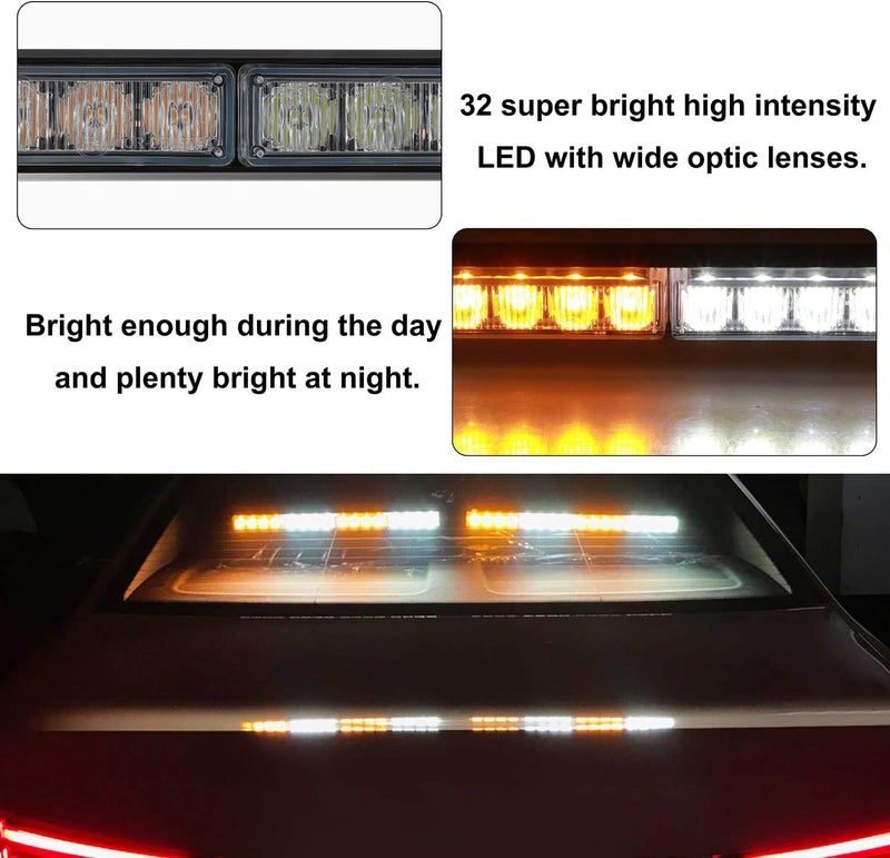 ASPL 2x16.8 inch Emergency Flashing LED Traffic Advisor Strobe Light Bar 32LED 26 Flash Patterns Interior Safety Warning Lights (Amber/White) - Image 3