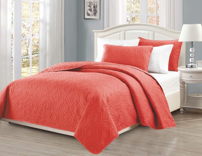MK COLLECTION KINGCALIFORNIA KING OVER SIZE 118X106 3PC DIAMOND BEDSPREAD BEDCOVER EMBOSSED SOLID CORAL NEW