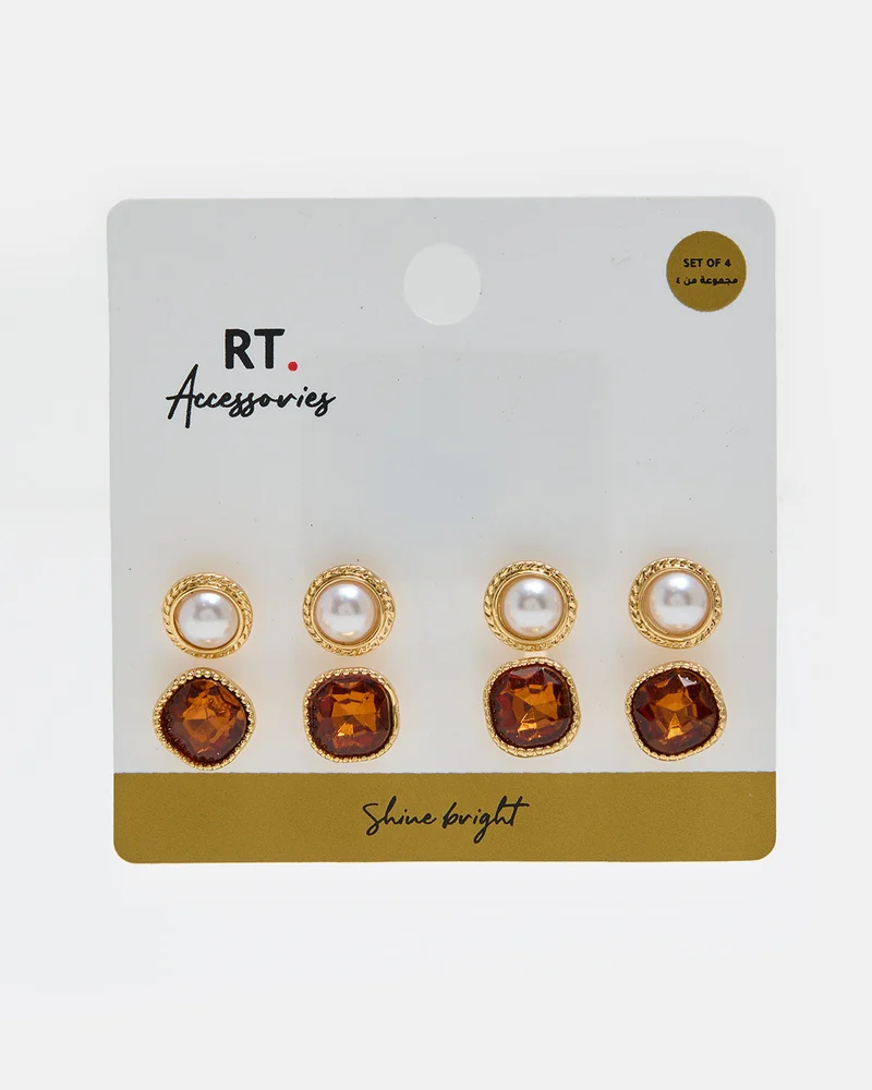 REDTAG Women Gold 4 Piece Stud Earrings Set