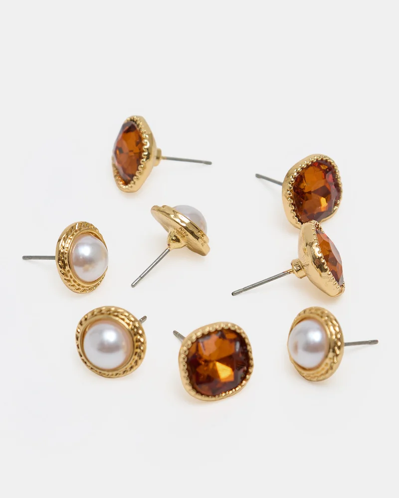 REDTAG Women Gold 4 Piece Stud Earrings Set