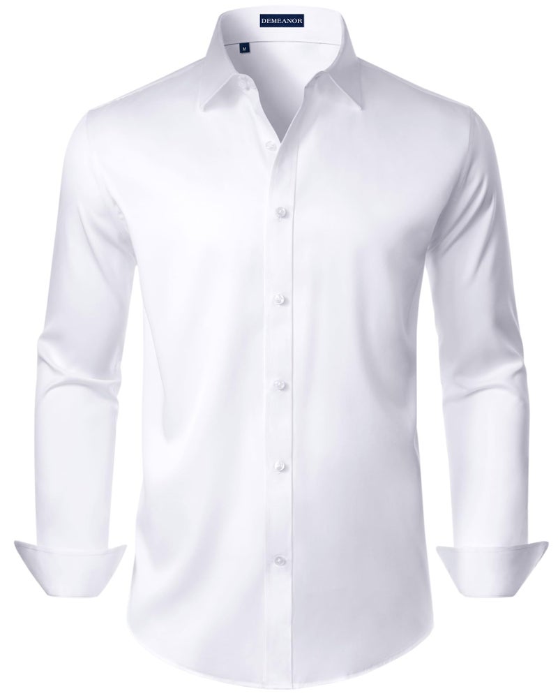 DEMEANOR White Button Down Shirt Men Long Sleeve Stretch No Iron Wedding Formal Business Dress Shirt Medium - Image 1