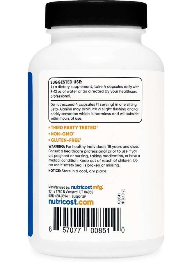Nutricost Beta-Alanine Capsules 3400mg, 120 Caps (30 Serv) - Image 4