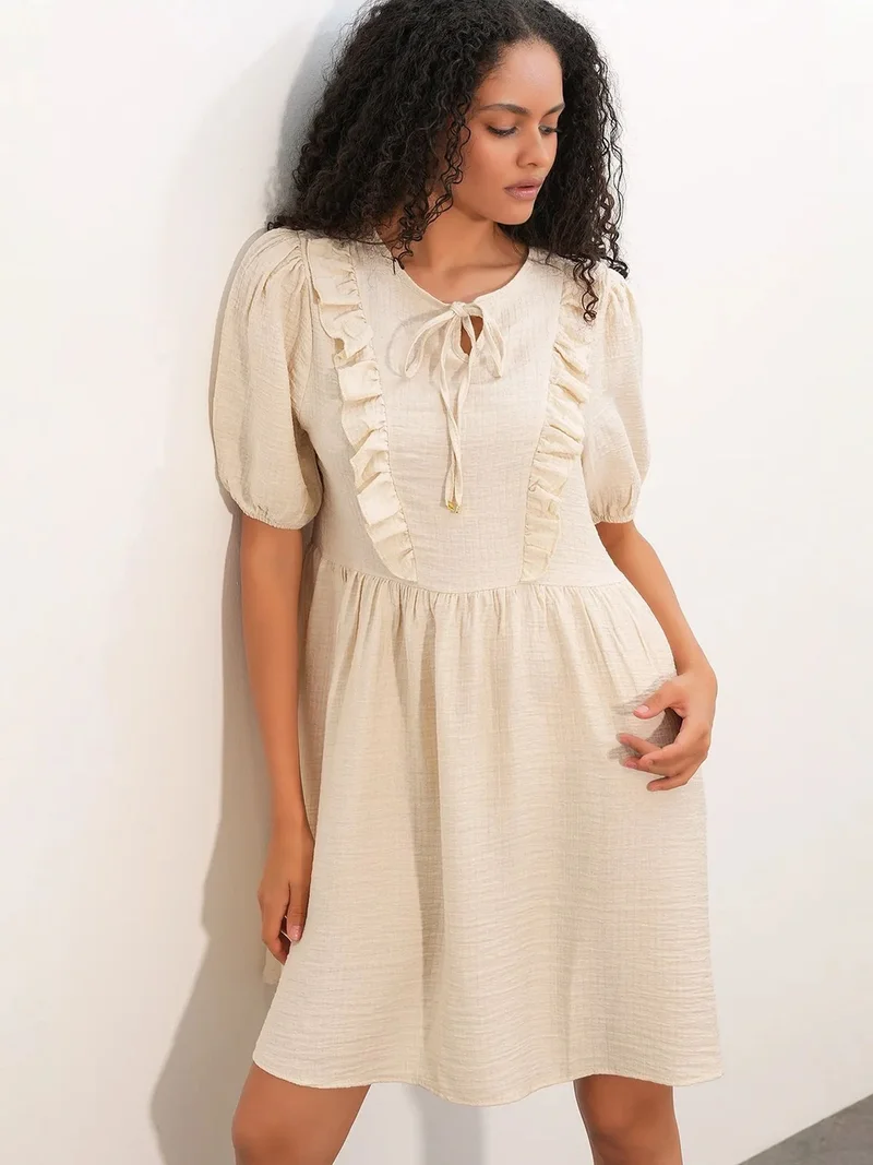 Big Dart Cream Natural BDART Women's A-line Mini Smock Dress for Women | Best Price UAE