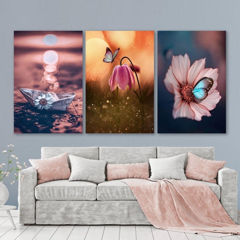 Marktna Three modern canvas paintings with a floral design and a hollow frame, measuring (90×40), three pieces - Image 1